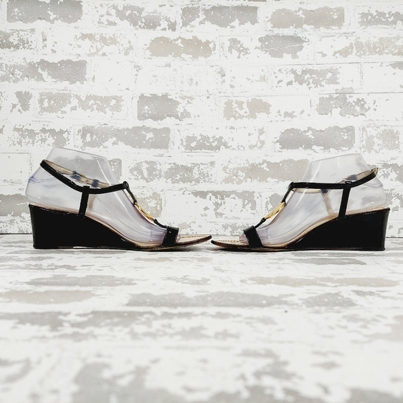 Juicy Couture Black Gold Platform Patent Leather Sandal Wedge Straps O347 - Picture 7 of 13